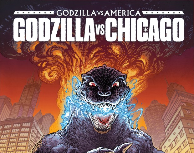 The cover of the new comic "Godzilla Vs. Chicago," which imagines the 70-year old monster in the Midwest. It arrives in comic book stores Feb. 26. (IDW Publishing)