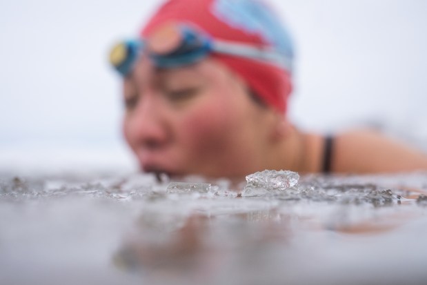 Qing Li submerges herself in an ice water hole that she created to help acclimate to the cold temperatures at 12th Street Beach in Chicago on Feb. 15, 2025. (Audrey Richardson/Chicago Tribune)