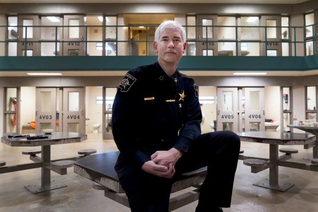 DuPage County Sheriff James Mendrick in a cell block that houses participants in the in county jail's gang-cessation and jobs program, Feb. 17, 2022, in Wheaton. (Charles Rex Arbogast/AP)