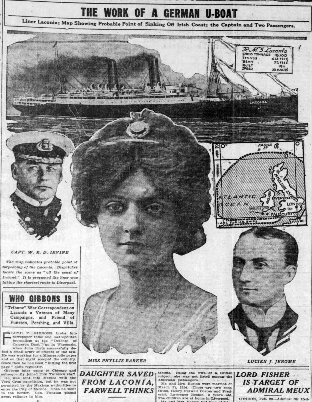 Mary E. Hoy and her daughter Elizabeth were two of the 12 people who died after the Cunard line ship Laconia was struck by a German torpedo on Feb. 27, 1917, off the coast of Ireland. At least 20 passengers on the ship were American. (Chicago Tribune)