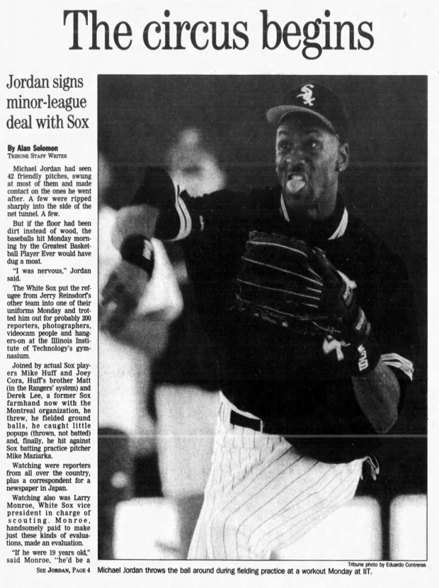 "As cameras clicked and flashed and videocams videoed, Michael Jordan signed a baseball contract," the Tribune reported about the retired basketball player's move to the Chicago White Sox on Feb. 7, 1994. (Chicago Tribune)