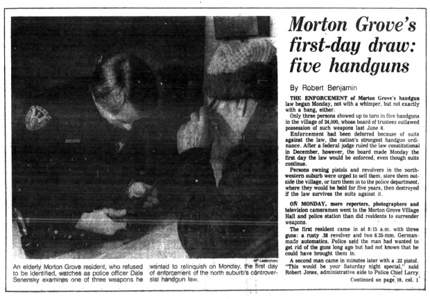 "On Monday, more reporters, photographers and television cameramen went to the Morton Grove Village Hall and police station than did residents to surrender weapons," the Tribune reported when Morton Grove became the first municipality in the U.S. to enact a handgun ban that went into effect on Feb. 1, 1982. (Chicago Tribune)