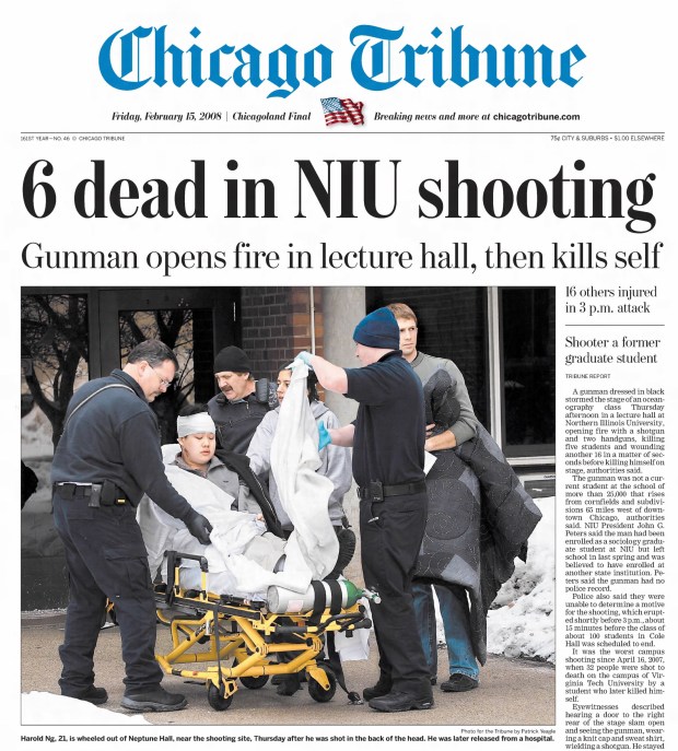 Five people died after a shooter dressed in black stormed the auditorium stage of an oceanography class inside Cole Hall on the campus of Northern Illinois University in DeKalb on Feb. 14, 2008. The gunman, later identified as a former graduate student, then killed himself. (Chicago Tribune)