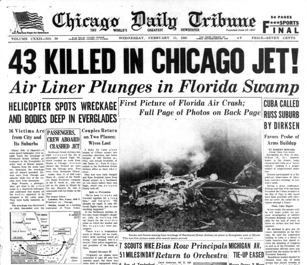 At least 16 people from the Chicago area were aboard Northwest Orient Airlines Flight 705, which crashed shortly after takeoff from Miami International Airport on Feb. 12, 1963. (Chicago Tribune)