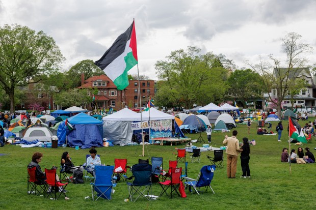 People stand in Deering Meadow in April 2024 after Northwestern University officials announced an agreement with students and faculty protesting against Israel-Hamas war. (Armando L. Sanchez/Chicago Tribune)