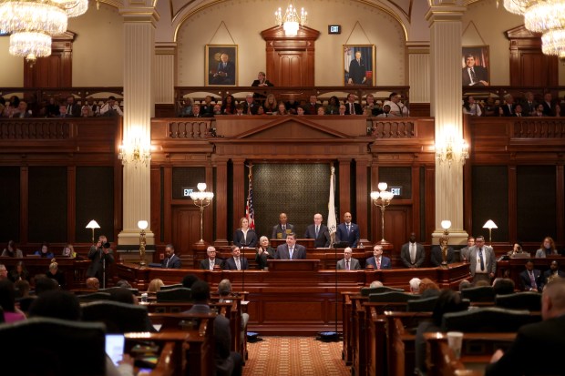 Governor JB Pritzker delivers his State of the State and budget address before the General Assembly at the Illinois State Capitol, Feb. 19, 2025. (Brian Cassella/Chicago Tribune)