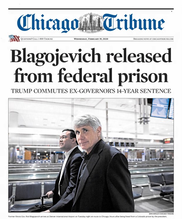 Before boarding a United Airline flight in Colorado after he was released from federal custody on Feb. 18, 2020, former Illinois Gov. Rod Blagojevich thanked President Donald Trump for the commutation, saying he was eager to get home. (Chicago Tribune)