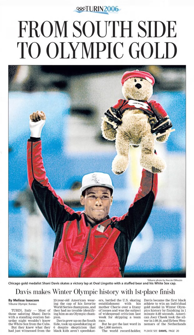 Shani Davis became the first Black athlete to win an individual gold medal in Winter Olympics history by finishing the 1,000-meter race in 1 minute 8.89 seconds on Feb. 18, 2006. (Chicago Tribune)