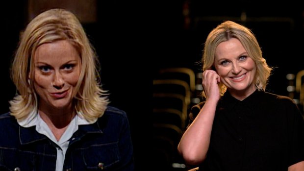 Amy Poehler, seen side by side in her "Saturday Night Live" audition (left) and in the present in the episode "Five Minutes" of the docuseries "SNL50: Beyond Saturday Night." (Peacock)