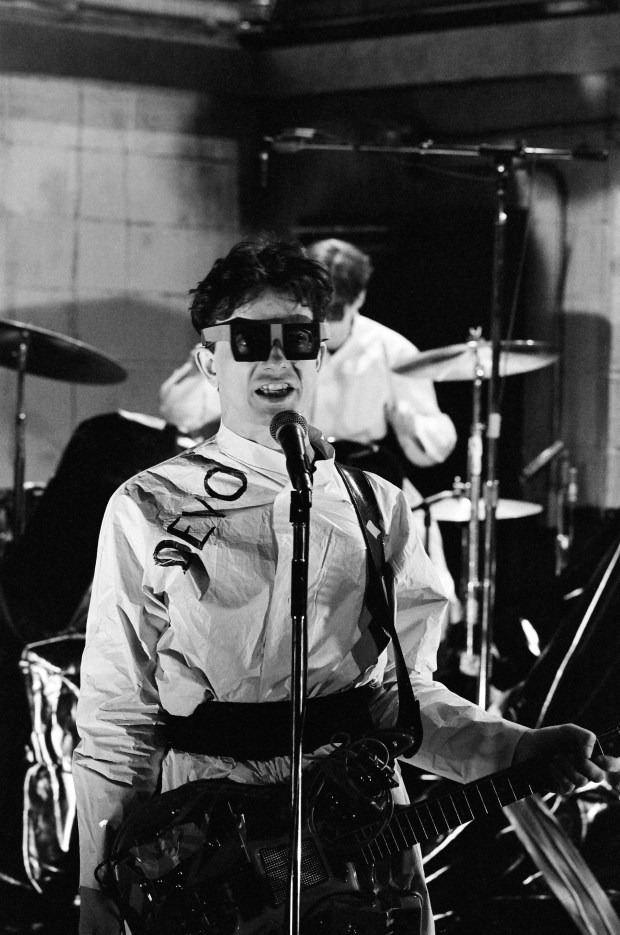 Gerald V. Casale of musical guest Devo during the musical performance of 'Jocko Homo' on Oct. 14, 1978 of "Saturday Night Live" as seen in the documentary "50 Years of SNL Music." (NBCU Photo Bank)