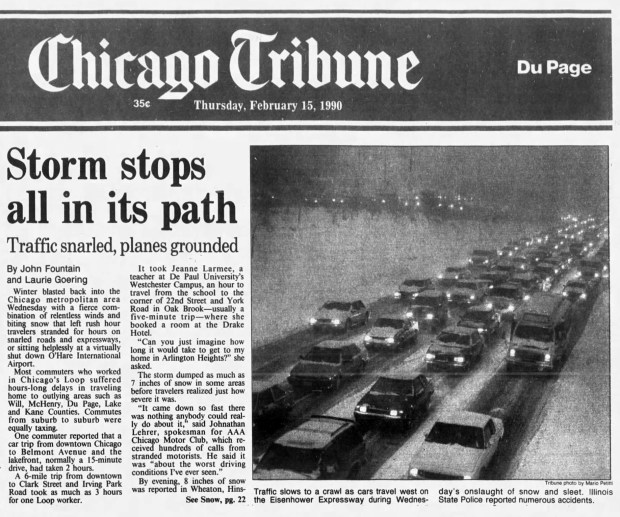 Chicago Streets and Sanitation trucks were hampered by heavily congested traffic during a snowstorm on Feb. 14, 1990, that had snowfall of up to 1 inch per hour in some places. (Chicago Tribune)