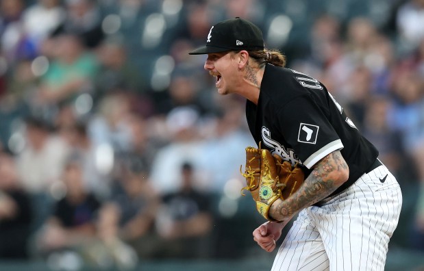 White Sox starting pitcher Mike Clevinger yells after striking out an Orioles batter on April 14, 2023, at Guaranteed Rate Field. (Chris Sweda/Chicago Tribune)