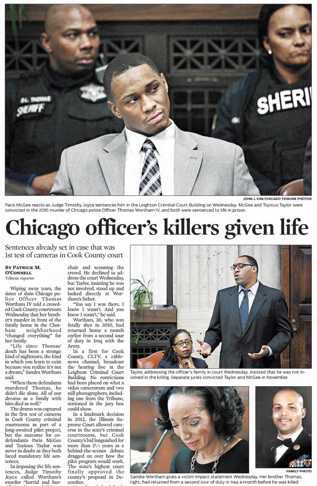 The sentencing of co-defendants Paris McGee and Toyious Taylor in the death of Chicago police Officer Thomas Wortham IV on Feb. 4, 2015, was the first test of cameras in Cook County criminal courtrooms. No restrictions had been placed on what a video cameraman and two still photographers, including one from the Tribune, stationed in the jury box could show. (Chicago Tribune)