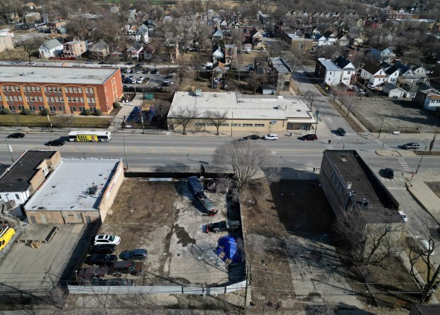 Three empty lots on the west side of the 6500 block of South Ashland Avenue in Chicago's West Englewood neighborhood on Feb. 7, 2025. (Stacey Wescott/Chicago Tribune)