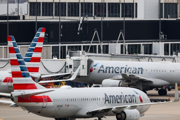 American Airlines planes taxi and park at O'Hare International Airport in Chicago on Feb. 5, 2025. (Audrey Richardson/Chicago Tribune)