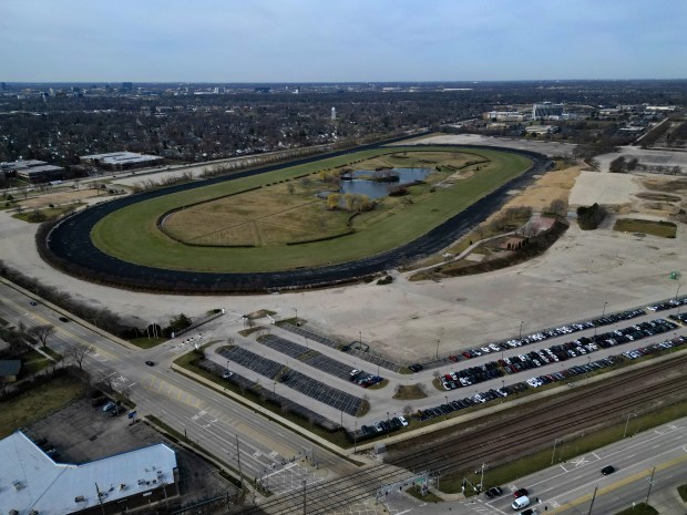 An aerial photo of the former Arlington International Racecourse on March 12, 2024, in Arlington Heights. (Stacey Wescott/Chicago Tribune)