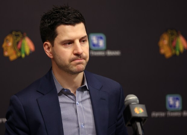 Chicago Blackhawks General Manager Kyle Davidson speaks with the media following the firing of head coach Luke Richardson and the hiring of interim head coach Anders Sorensen at Fifth Third Arena on Dec. 6, 2024. (Stacey Wescott/Chicago Tribune)