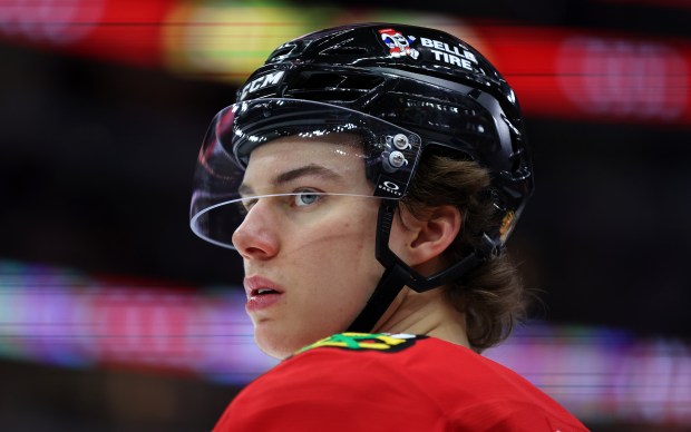 Chicago Blackhawks center Connor Bedard (98) stands on the ice during a break in the action in the first period of a game against the Vegas Golden Knights at the United Center in Chicago on Jan. 18, 2025. (Chris Sweda/Chicago Tribune)