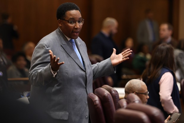 Ald. Jason Ervin argues over a motion as the Chicago City Council meets for a procedural vote on Mayor Brandon Johnson's 2025 budget, at City Hall, Dec. 11, 2024. (Antonio Perez/Chicago Tribune)