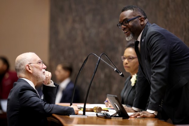 Mayor Brandon Johnson presides over the City Council meeting at City Hall on Feb. 26, 2025. (Antonio Perez/Chicago Tribune)