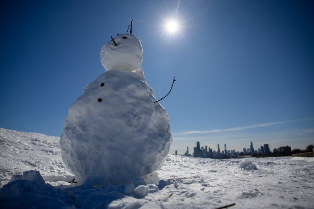 A snowman sits near Diversey Harbor on a day with frigid temperatures on Feb. 18, 2025. (Eileen T. Meslar/Chicago Tribune)