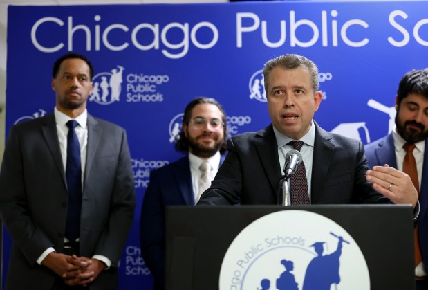 Chicago Public Schools CEO Pedro Martinez speaks about the recommendations from a third-party fact-finder, aimed at helping the district settle on a contract with the Chicago Teachers Union, during a news conference at CPS Headquarters in downtown Chicago on Feb. 6, 2025. (Chris Sweda/Chicago Tribune)