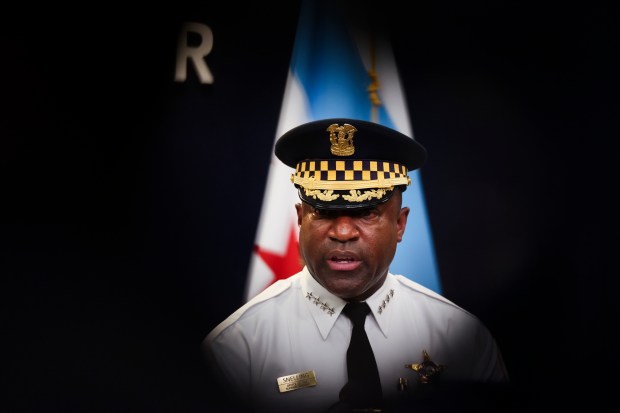 Chicago police Superintendent Larry Snelling answers questions during a press conference at City Hall on Jan. 28, 2025. (Eileen T. Meslar/Chicago Tribune)