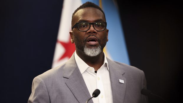 Mayor Brandon Johnson answers questions during a news conference at City Hall on Jan. 28, 2025. (Eileen T. Meslar/Chicago Tribune)