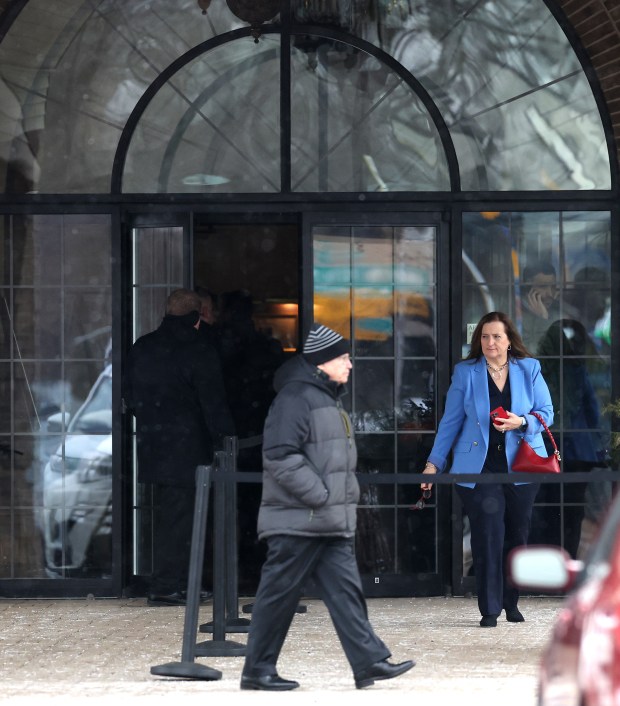 Laura Ricketts (cq), co-owner of the Chicago Cubs and the Chicago Red Stars, exits Oehler Funeral Home in Des Plaines after attending the visitation for late Chicago Bears owner Virginia McCaskey on Tuesday, Feb. 11, 2025. The daughter of Bears team founder George Halas, McCaskey died on Feb. 6 at the age of 102. (Chris Sweda/Chicago Tribune)