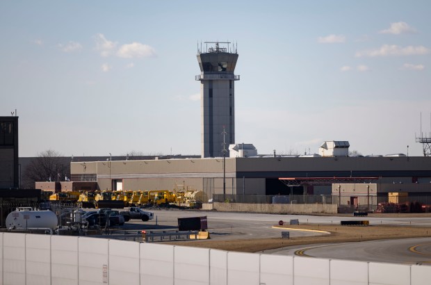 An air traffic control tower at Midway International Airport on Feb. 25, 2025, after a camera caught a near collision between two planes there earlier in the day. (Brian Cassella/Chicago Tribune)