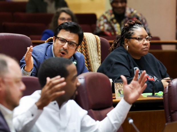 Ald. Byron Sigcho Lopez, 25th, yells during the Committee on Special Events at City Hall on Feb. 4, 2025. (Eileen T. Meslar/Chicago Tribune)