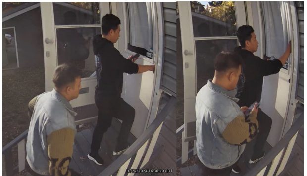 In a composite image from a filing in U.S. District Court, suspects alleged to be kidnapping suspects Shengnen Jiang, left, and Fan Zhang, enter an Airbnb on South Harlem Avenue in Forest Park in October 2024. (U.S. District Court filing)