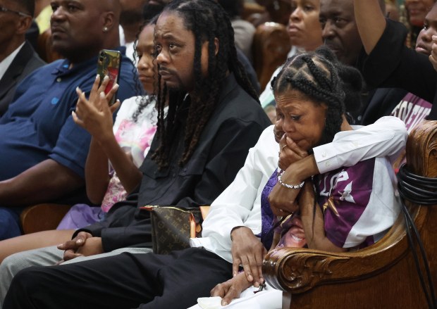 Donna Massey, seated in foreground, during a rally at New Mount Pilgrim Church, 4301 W. Washington Blvd. in Chicago on July 30, 2024, where speakers called for justice in the police shooting death of her daughter Sonya Massey. (Terrence Antonio James/Chicago Tribune)