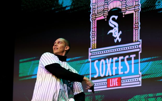 White Sox TV broadcaster John Schriffen throws a T-shirt into the crowd as the team is announced during Day 2 of SoxFest at the Ramova Theatre on Jan. 25, 2025, in Chicago. (Chris Sweda/Chicago Tribune)