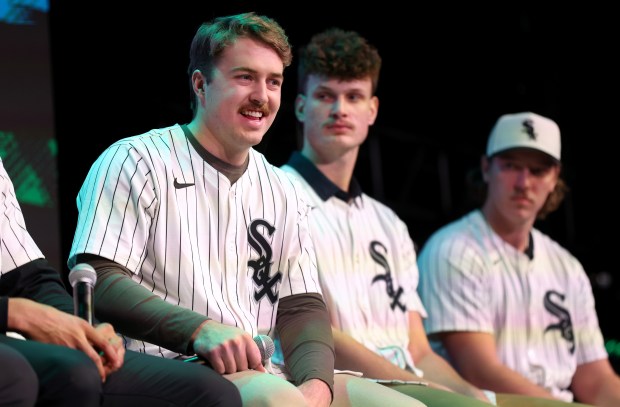 Chicago White Sox prospect Kyle Teel (left) speaks on stage during day 2 of SoxFest at the Ramova Theatre in Chicago's Bridgeport neighborhood on Saturday, Jan. 25, 2025. (Chris Sweda/Chicago Tribune)