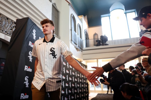 White Sox pitching prospect Noah Schultz is introduced during SoxFest Live on Jan. 24, 2025, at the Ramova Theatre in Bridgeport. (Chris Sweda/Chicago Tribune)