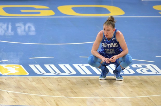 Sky guard Courtney Vandersloot waits during an timeout in the fourth quarter against the Liberty at Wintrust Arena on May 23, 2021. (John J. Kim/Chicago Tribune)