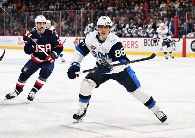 Teuvo Teravainen #86 of Team Finland skates against Team USA during the first period in the NHL 4 Nations Face-Off at Bell Centre on Feb. 13, 2025 in Montreal, Quebec, Canada. (Photo by Minas Panagiotakis/Getty Images)