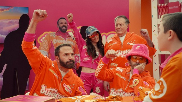 Ben Affleck, Casey Affleck, Bill Belichick and Jordon Hudson appear in Dunkin's 2025 Super Bowl ad. (Dunkin' via AP)