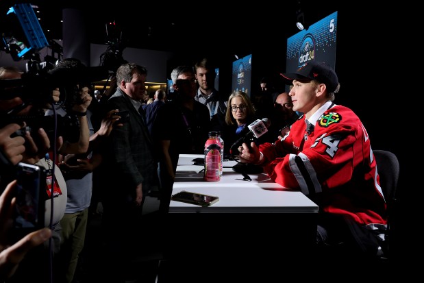 Artyom Levshunov speaks to the media after being selected by the Chicago Black Hawks with the second overall pick during the first round of the 2024 Upper Deck NHL Draft at Sphere on June 28, 2024 in Las Vegas, Nevada. during the first round of the 2024 Upper Deck NHL Draft at Sphere on June 28, 2024 in Las Vegas, Nevada. (Photo by Ethan Miller/Getty Images)