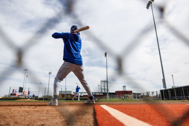 Cubs center fielder Pete Crow-Armstrong waits to hit at live batting practice during spring training on Feb. 13, 2025, at Sloan Park in Mesa, Ariz. (Armando L. Sanchez/Chicago Tribune)