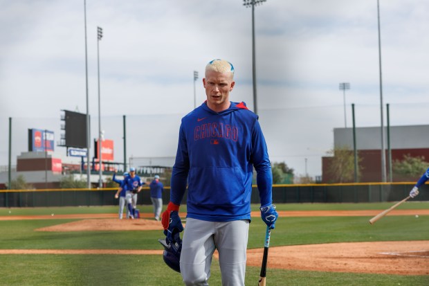 Cubs center fielder Pete Crow-Armstrong walks on the field after hitting at live batting practice during spring training on Feb. 13, 2025, at Sloan Park in Mesa, Ariz. (Armando L. Sanchez/Chicago Tribune)