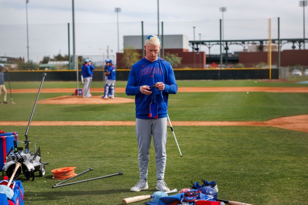 Cubs center fielder Pete Crow-Armstrong walks on the field after hitting at live batting practice during spring training on Feb. 13, 2025, at Sloan Park in Mesa, Ariz. (Armando L. Sanchez/Chicago Tribune)