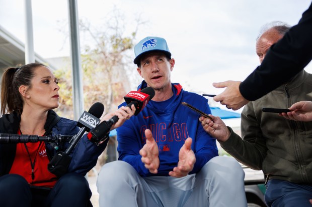 Cubs manager Craig Counsell talks with the media during spring training on Feb. 13, 2025, at Sloan Park in Mesa, Ariz. (Armando L. Sanchez/Chicago Tribune)