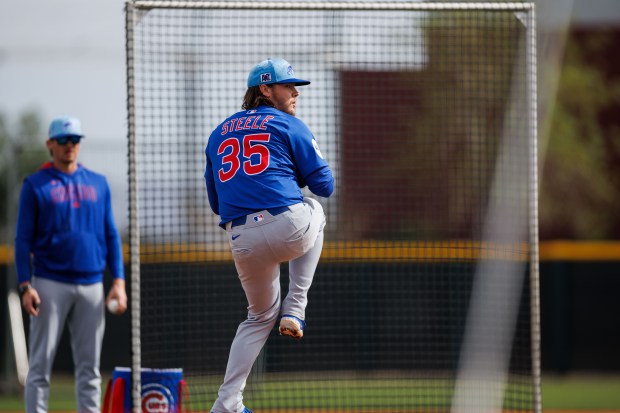 Cubs left-hander Justin Steele pitches during spring training on Feb. 13, 2025, at Sloan Park in Mesa, Ariz. (Armando L. Sanchez/Chicago Tribune)