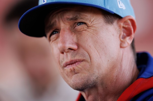 Cubs manager Craig Counsell talks with the medai during spring training on Feb. 13, 2025, at Sloan Park in Mesa, Ariz. (Armando L. Sanchez/Chicago Tribune)