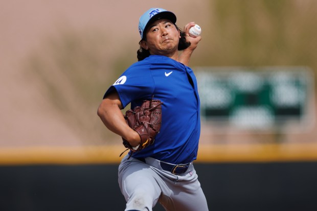 Cubs pitcher Shota Imanaga throws during live batting practice at spring training at Sloan Park on Feb. 16, 2025, in Mesa, Ariz. (Armando L. Sanchez/Chicago Tribune)