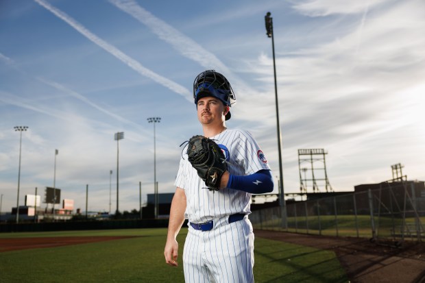 Media day portrait of Chicago Cubs catcher Reese McGuire during spring training at Sloan Park, Feb. 17, 2025, in Mesa. (Armando L. Sanchez/Chicago Tribune)