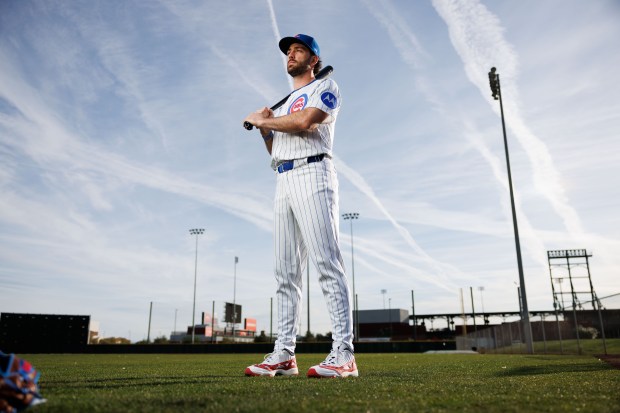 Chicago Cubs infielder Dansby Swanson stands for a photo session on media day at Sloan Park, Feb. 17, 2025, in Mesa. (Armando L. Sanchez/Chicago Tribune)