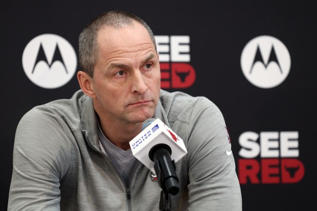 Bulls executive vice president of basketball operations Artūras Karnišovas speaks to the media after the NBA trade deadline passed on Thursday, Feb. 6, 2025, at the Advocate Center. (Terrence Antonio James/Chicago Tribune)